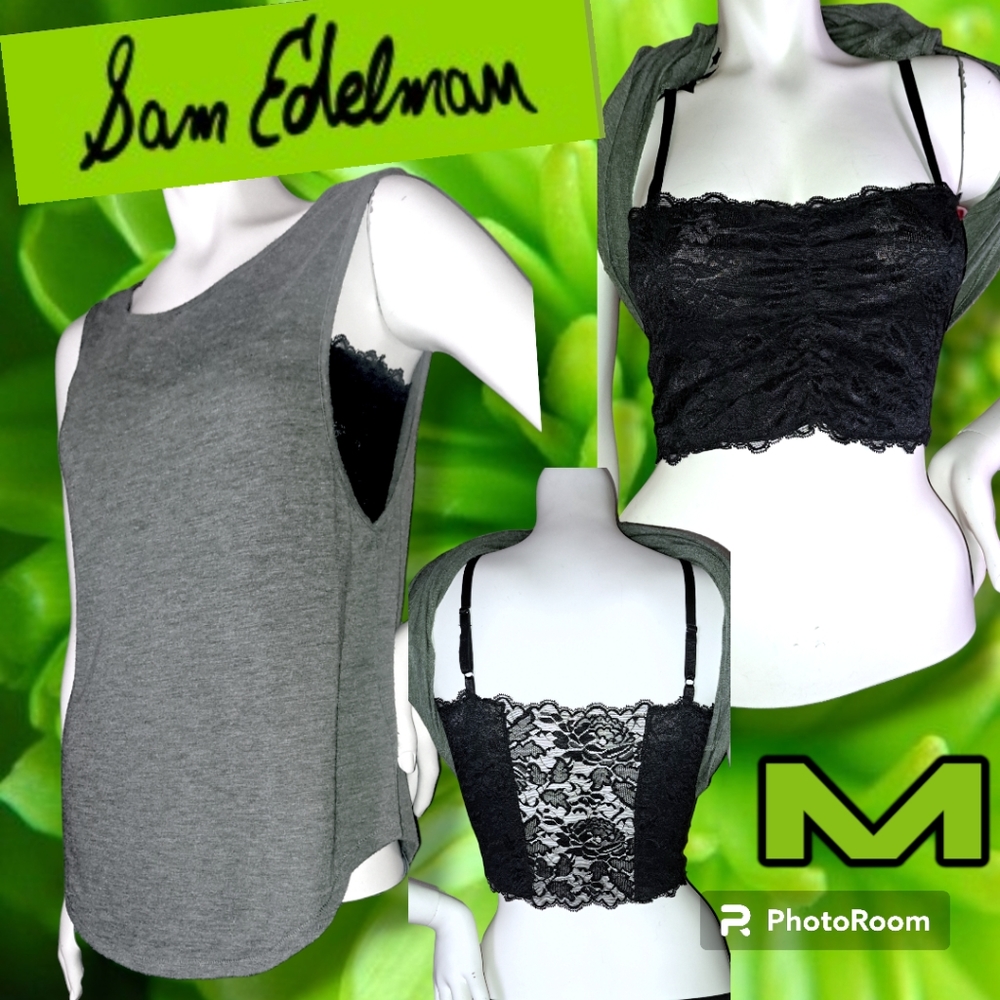 Sam Edelman Saks 5th 2P.c Sexy Black Lace Bralette & Gray Racerback Top Sz Med